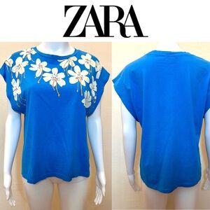 ZARA Blue Floral Print Cap Sleeve Boxy Embellished Top – Size Small